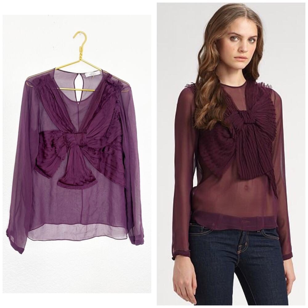 Robert Rodriguez Silk Shirred Long Sleeve Blouse Size 12 Bow Chiffon Sheer